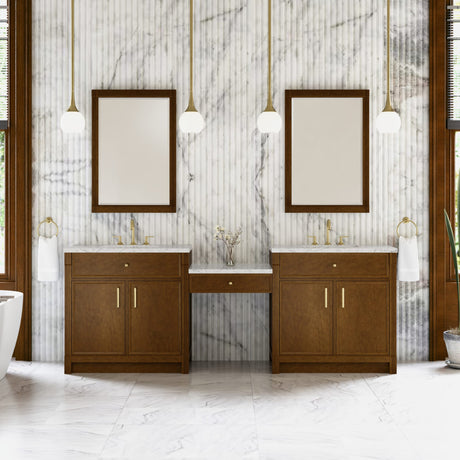 Bellshire 96" Dual Vanity Set with 24" Make-Up Counter, Honey Oak w/3 cm Eternal Jasmine Pearl Silestone Top
