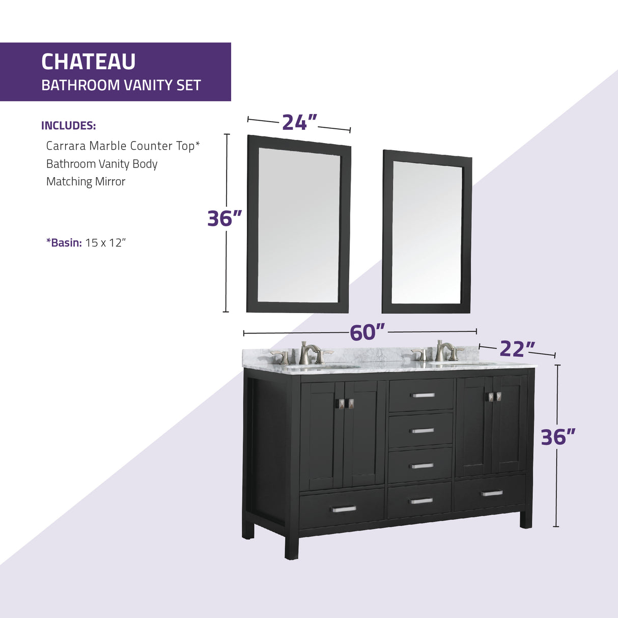 ANZZI VT-MRCT0060-BK Chateau 60 in. W x 22 in. D Bathroom Vanity Set in Black with Carrara Marble Top with White Sink