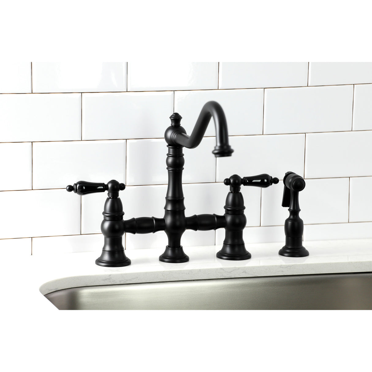 Kingston Brass KS3270PKLBS Duchess Bridge Kitchen Faucet with Brass Sprayer, Matte Black