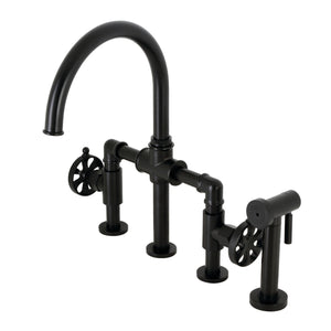 Kingston Brass KS2330RX Belknap Industrial Style Bridge Kitchen Faucet with Brass Sprayer, Matte Black