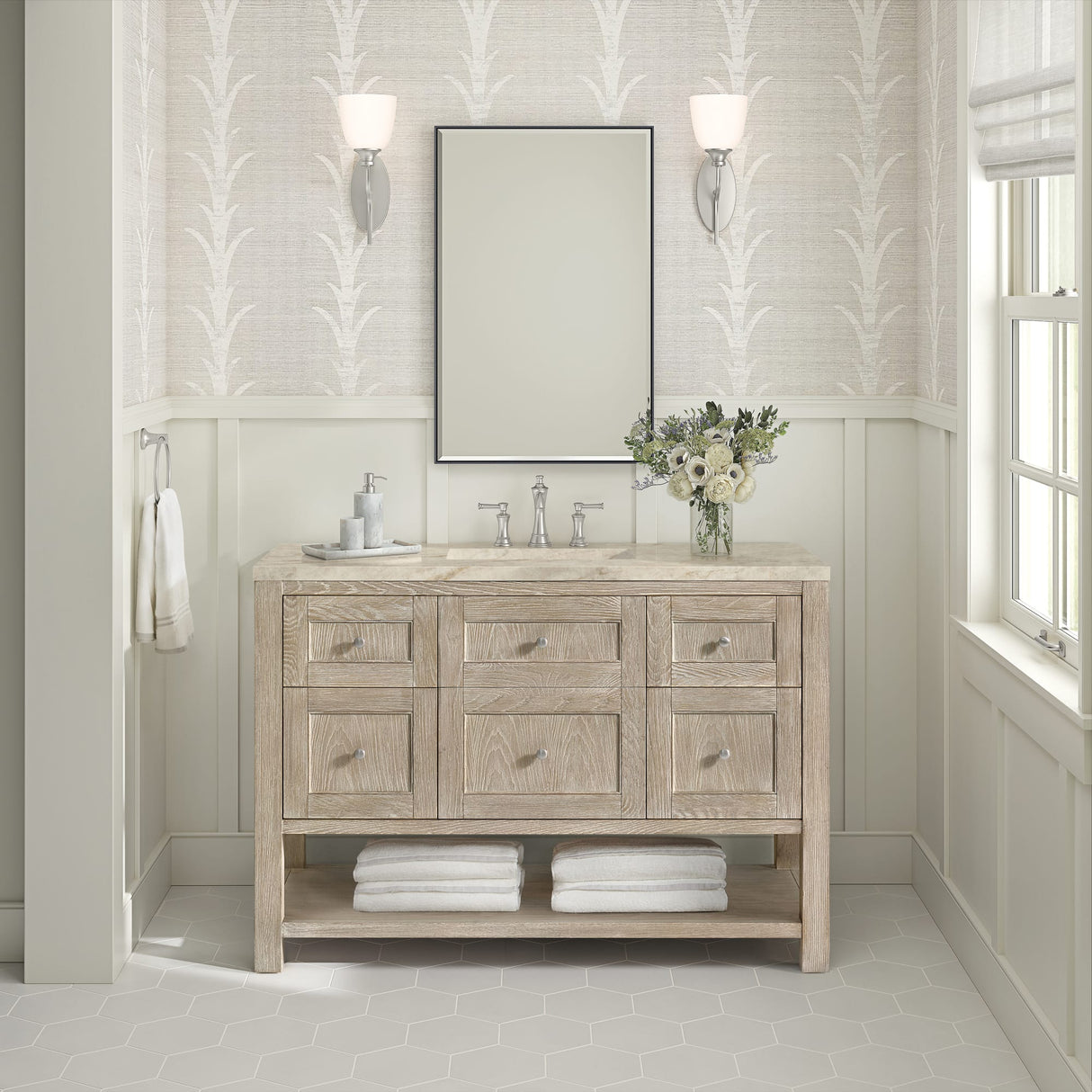Breckenridge 48" Single Vanity, Whitewashed Oak, w/ 3 CM Tajnar Eclos Top w/FreePower Wireless Charger