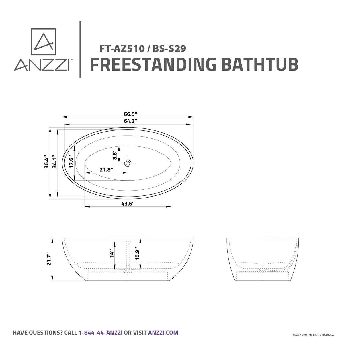 ANZZI FT-AZ510 Cestino 5.5 ft. Solid Surface Center Drain Freestanding Bathtub in Matte White