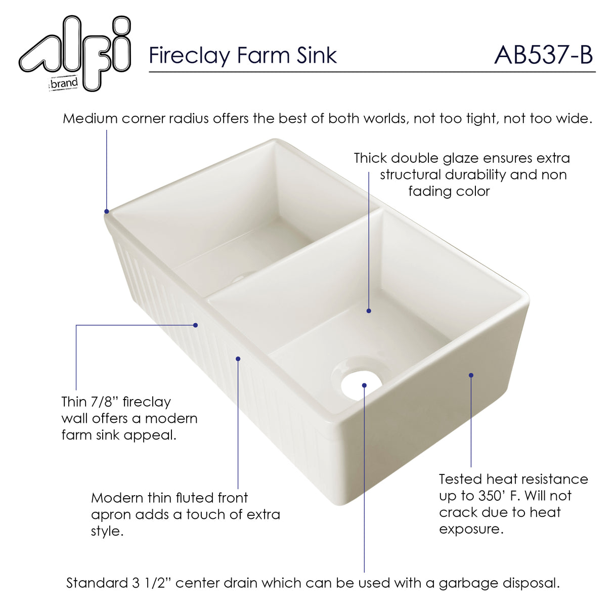 ALFI brand AB537-B Biscuit 32" Fluted Apron Double Bowl Fireclay Farmhouse Kitchen Sink