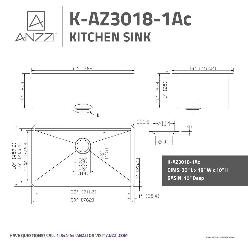 ANZZI K-AZ3018-1Ac Aegis Undermount Stainless Steel 30 in. 0-Hole Single Bowl Kitchen Sink with Cutting Board and Colander