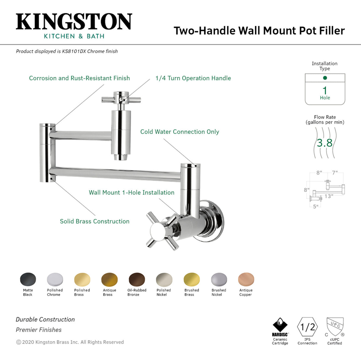 Kingston Brass KS8101DX Concord Wall Mount Pot Filler Kitchen Faucet, Polished Chrome