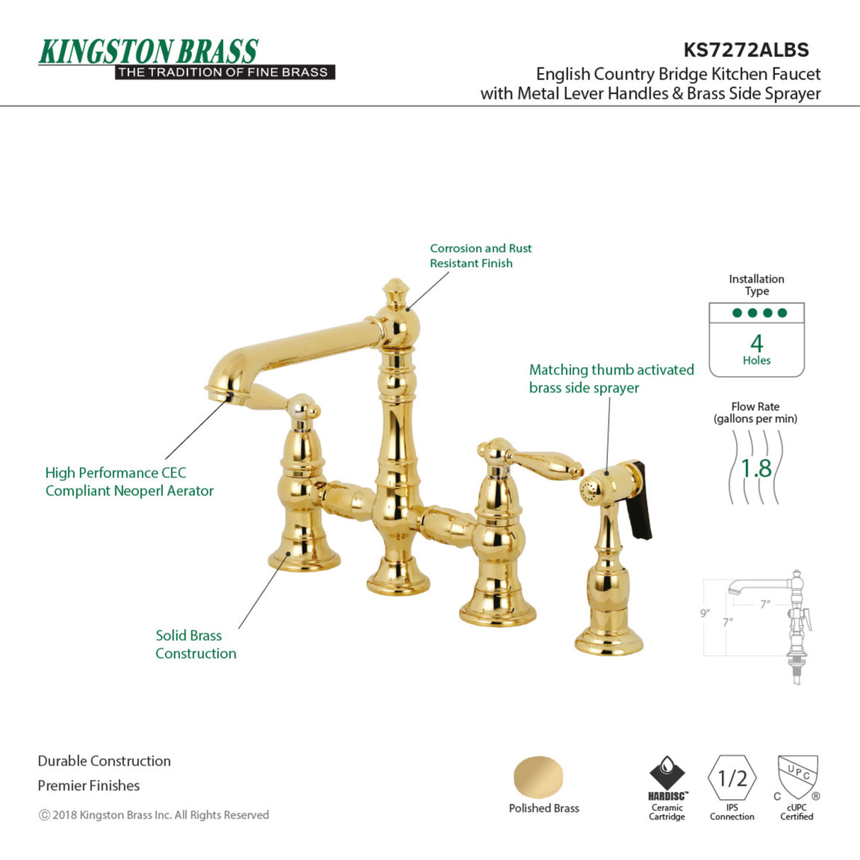 Kingston Brass KS7272ALBS Kitchen Faucet with Side Sprayer, Polished Brass