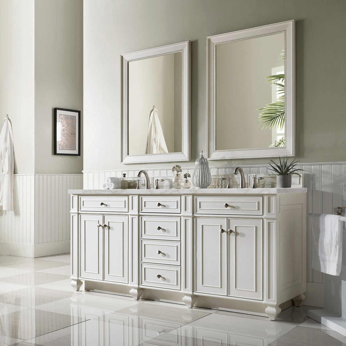 Bristol 72" Double Vanity, Bright White w/ 3 CM Victorian Silver Silestone Top w/FreePower Wireless Charger