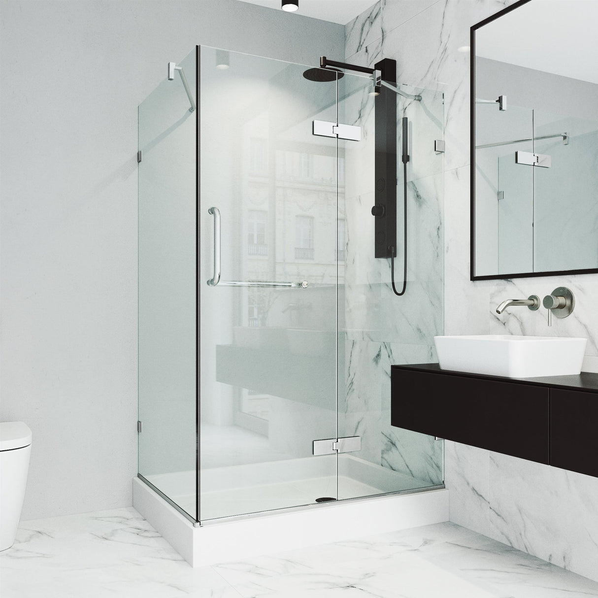 VIGO Monteray 36.125 W x 79.25 H Frameless Hinged Shower Enclosure in Chrome with shower base and handle VG6011CHCL36WR