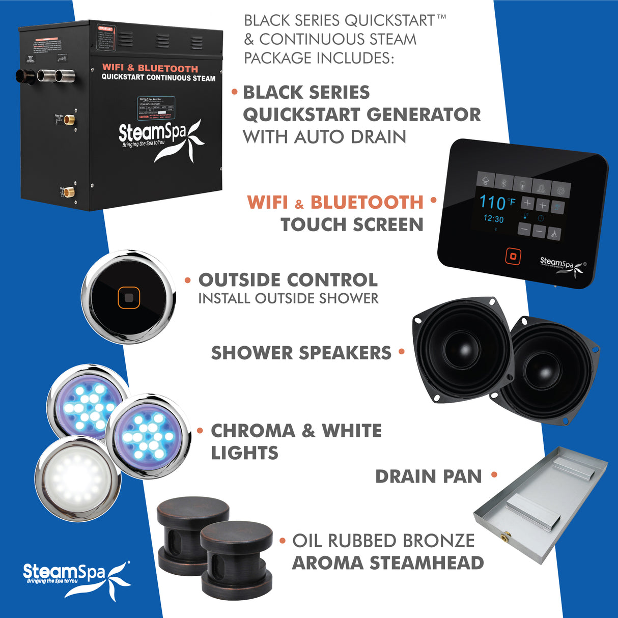 Black Series Wifi and Bluetooth 10.5kW QuickStart Steam Bath Generator Package in Oil Rubbed Bronze BKT1050ORB-A