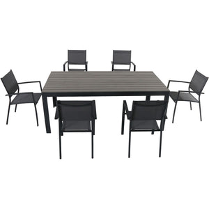 Hanover TUCSDN7PC-GRY Tucson7pc: 6 Aluminum Sling Chairs, Faux Wood Dining Table