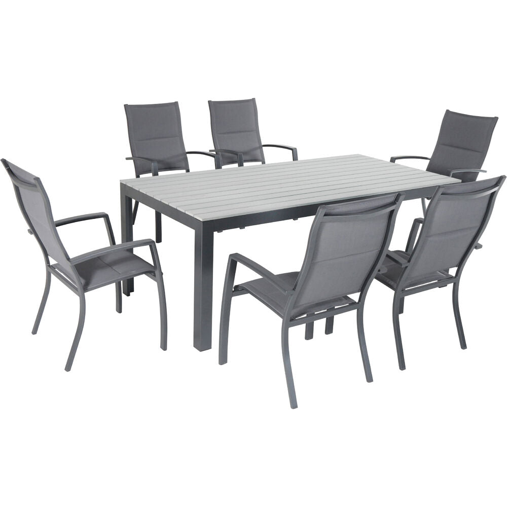 Hanover TUCSDN7PCHB-GRY Tucson7pc: 6 Aluminum High Back Padded Chairs, Faux Wood Dining Table