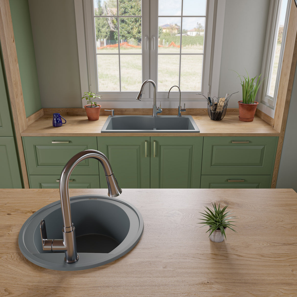 ALFI brand AB3320DI-T Titanium 33" Double Bowl Drop In Granite Composite Kitchen Sink