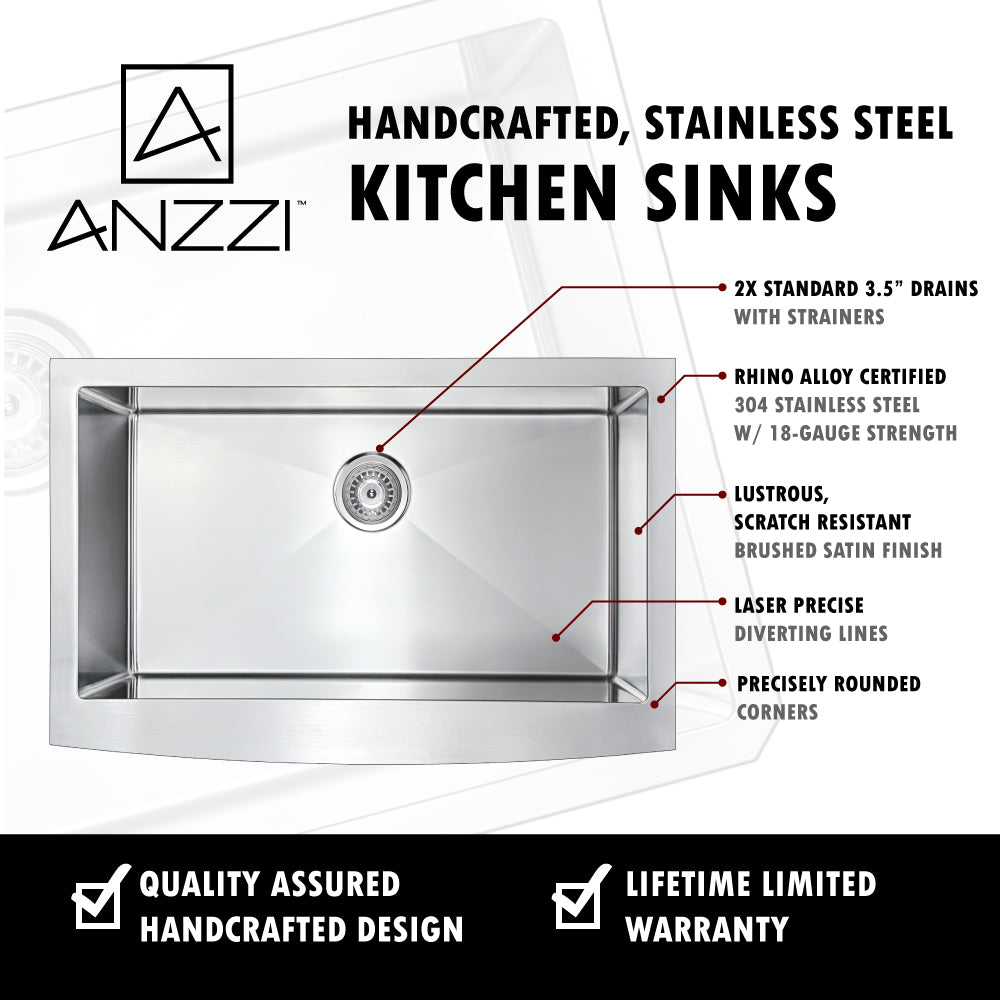 ANZZI K-AZ3620-1A Elysian Farmhouse Stainless Steel 36 in. Single Bowl Kitchen Sink in Brushed Satin