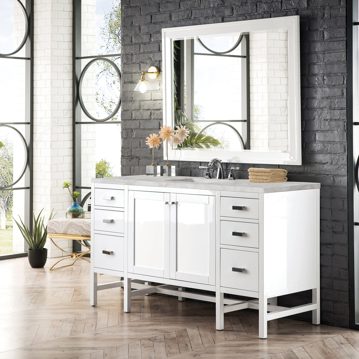 Addison 60" Single Vanity, Glossy White w/ 3 CM Victorian Silver Silestone Top