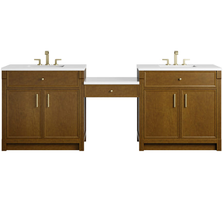 Bellshire 96" Dual Vanity Set with 24" Make-Up Counter, Honey Oak w/3 cm White Zeus Silestone Top