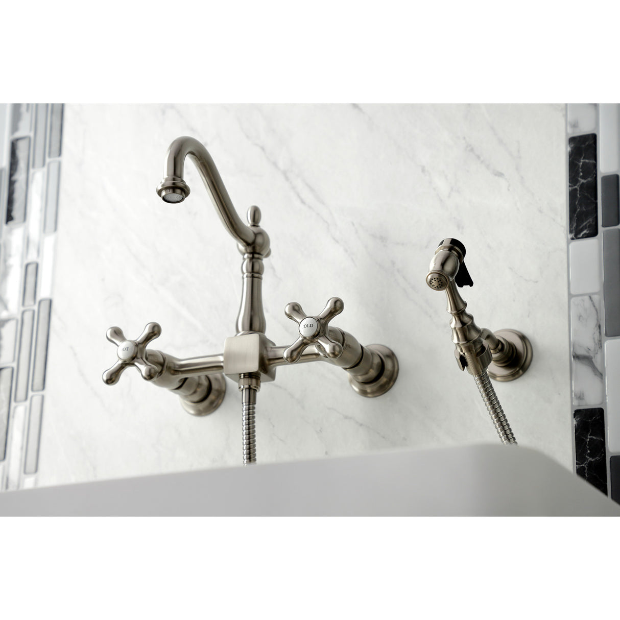 Kingston Brass KS1268AXBS Heritage Wall Mount Bridge Kitchen Faucet with Brass Sprayer, Brushed Nickel