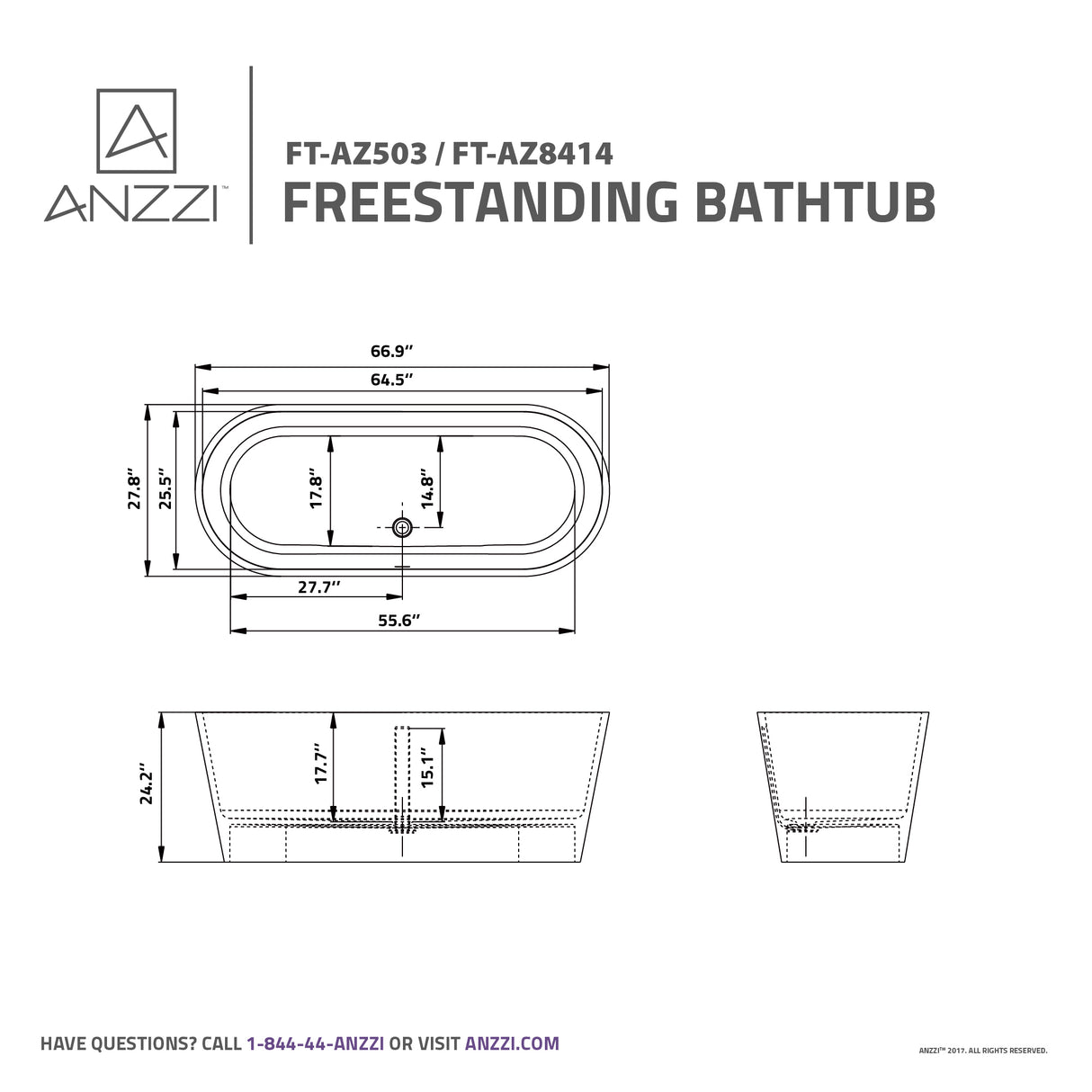 ANZZI FT-AZ503 Rossetto 5.6 ft. Solid Surface Center Drain Freestanding Bathtub in Matte White