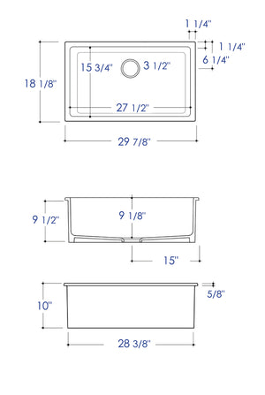 Black Matte 30" x 18" Fireclay Undermount / Drop In Fireclay Kitchen Sink