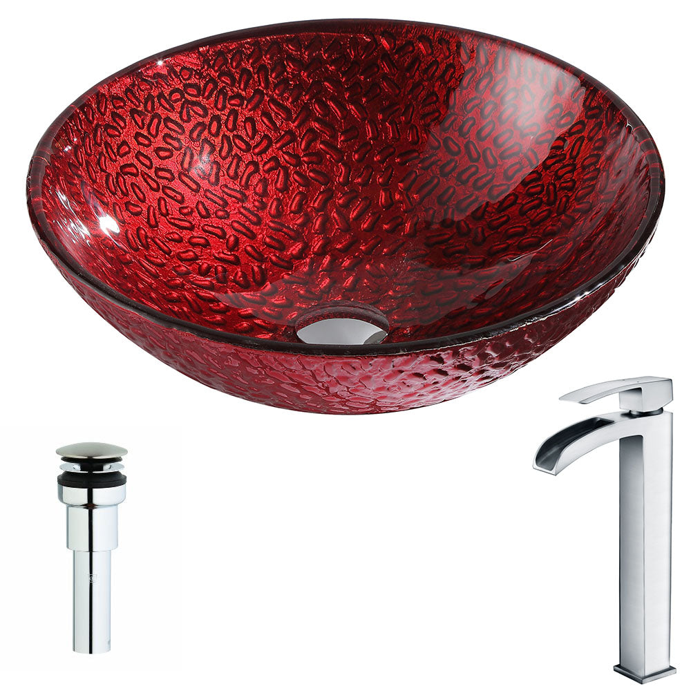 ANZZI LSAZ080-097 Rhythm Series Deco-Glass Vessel Sink in Lustrous Red Finish with Key Faucet in Polished Chrome