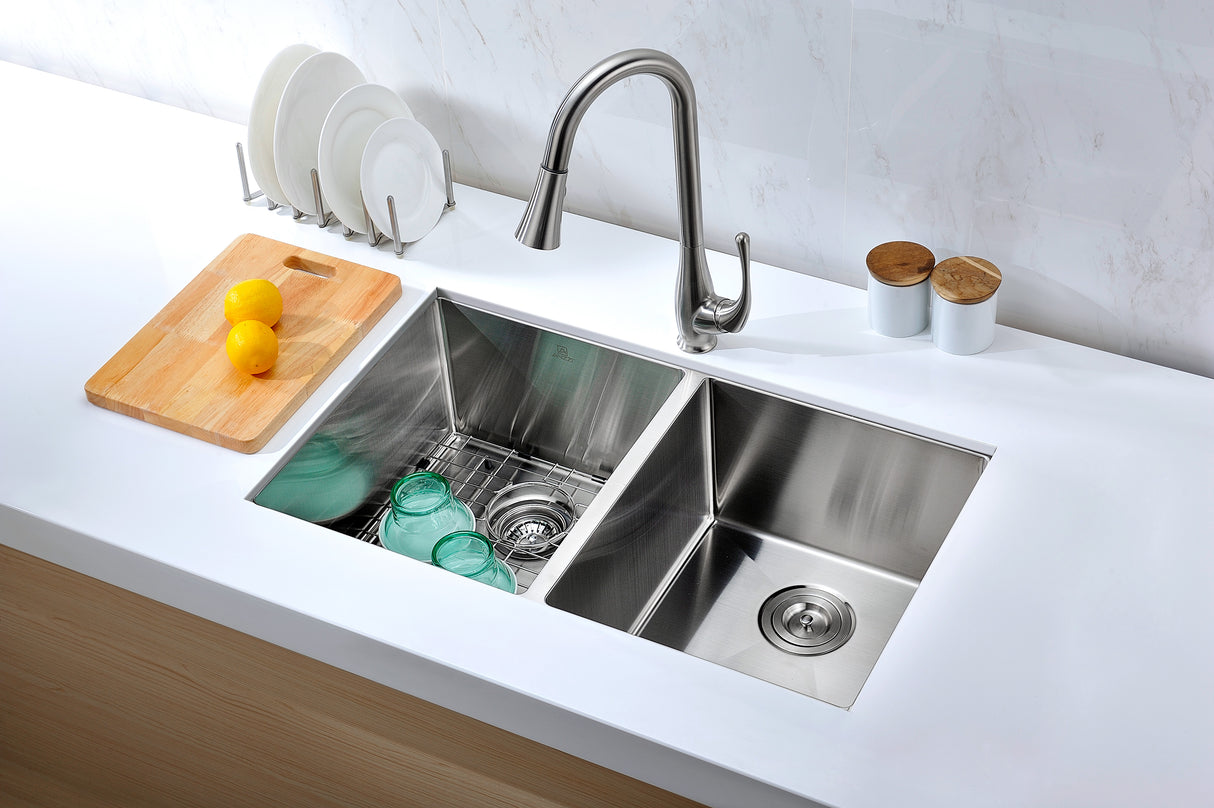 ANZZI K-AZ3219-2A Vanguard Undermount Stainless Steel 32 in. 0-Hole 50/50 Double Bowl Kitchen Sink in Brushed Satin