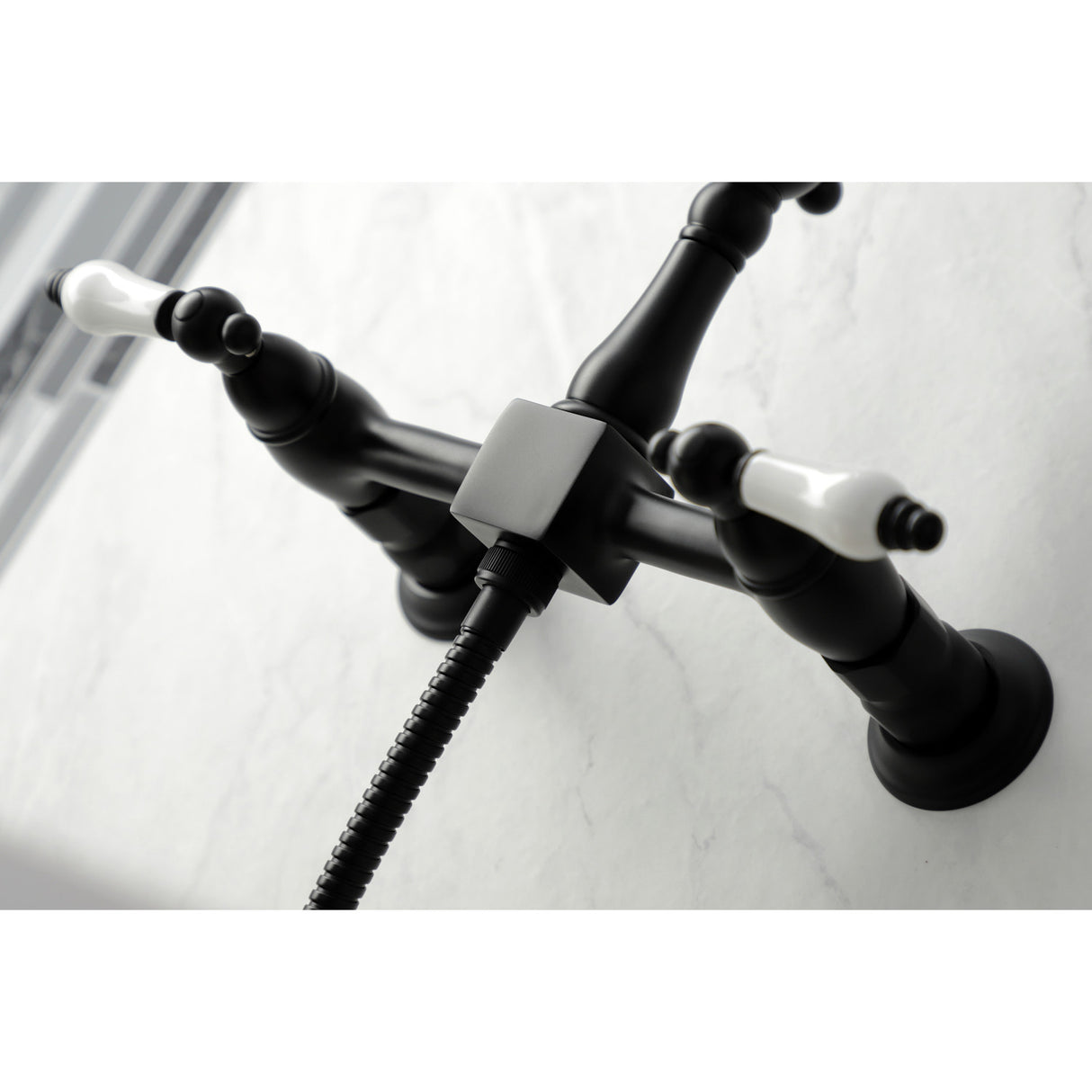 Kingston Brass KS1260PLBS Heritage Wall Mount Bridge Kitchen Faucet with Brass Sprayer, Matte Black