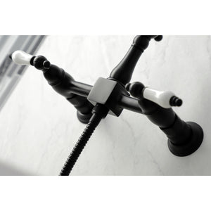 Kingston Brass KS1260PLBS Heritage Wall Mount Bridge Kitchen Faucet with Brass Sprayer, Matte Black