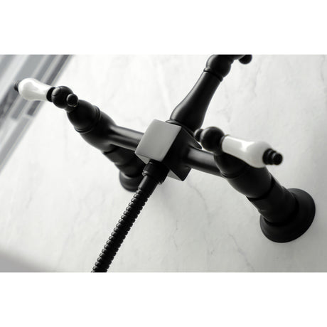 Kingston Brass KS1260PLBS Heritage Wall Mount Bridge Kitchen Faucet with Brass Sprayer, Matte Black