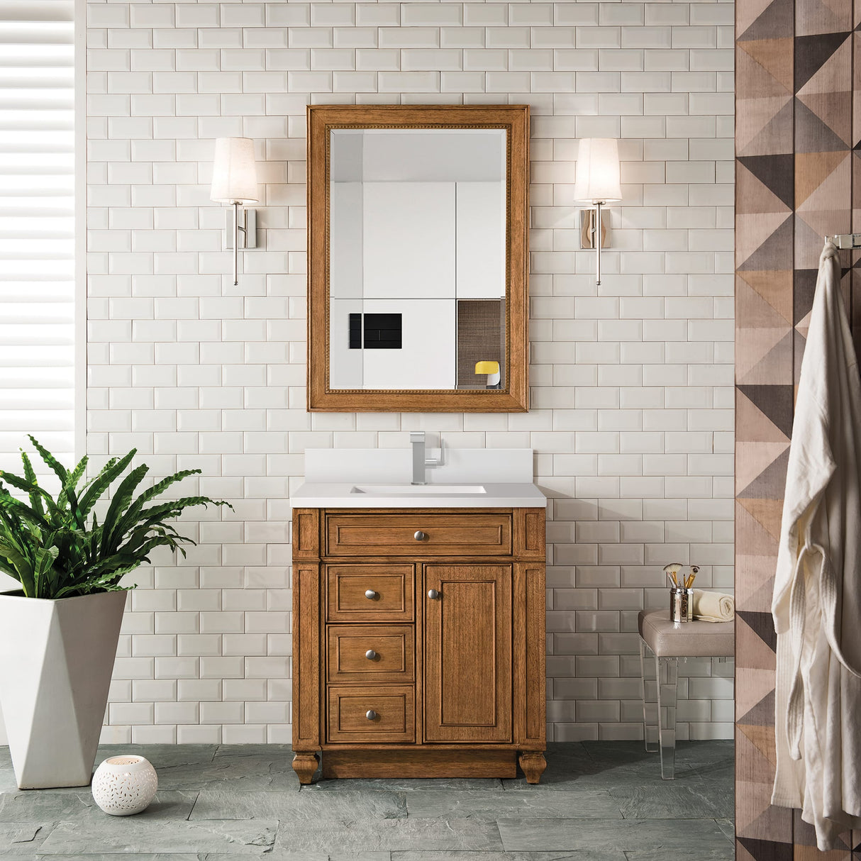 Bristol 30" Single Vanity, Saddle Brown w/ Single Hole 3 CM White Zeus Silestone Top & Backsplash