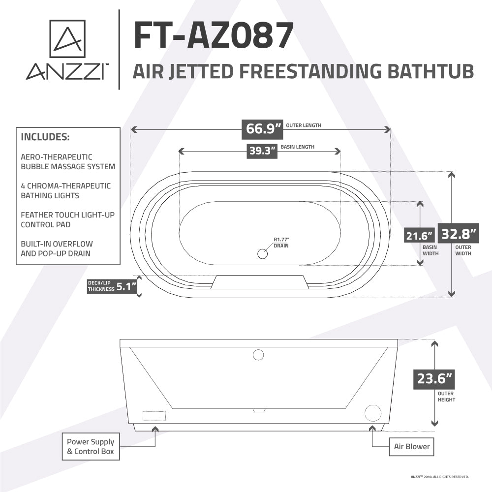 ANZZI FT-AZ087 Jetson Series 67" Air Jetted Freestanding Acrylic Bathtub in White