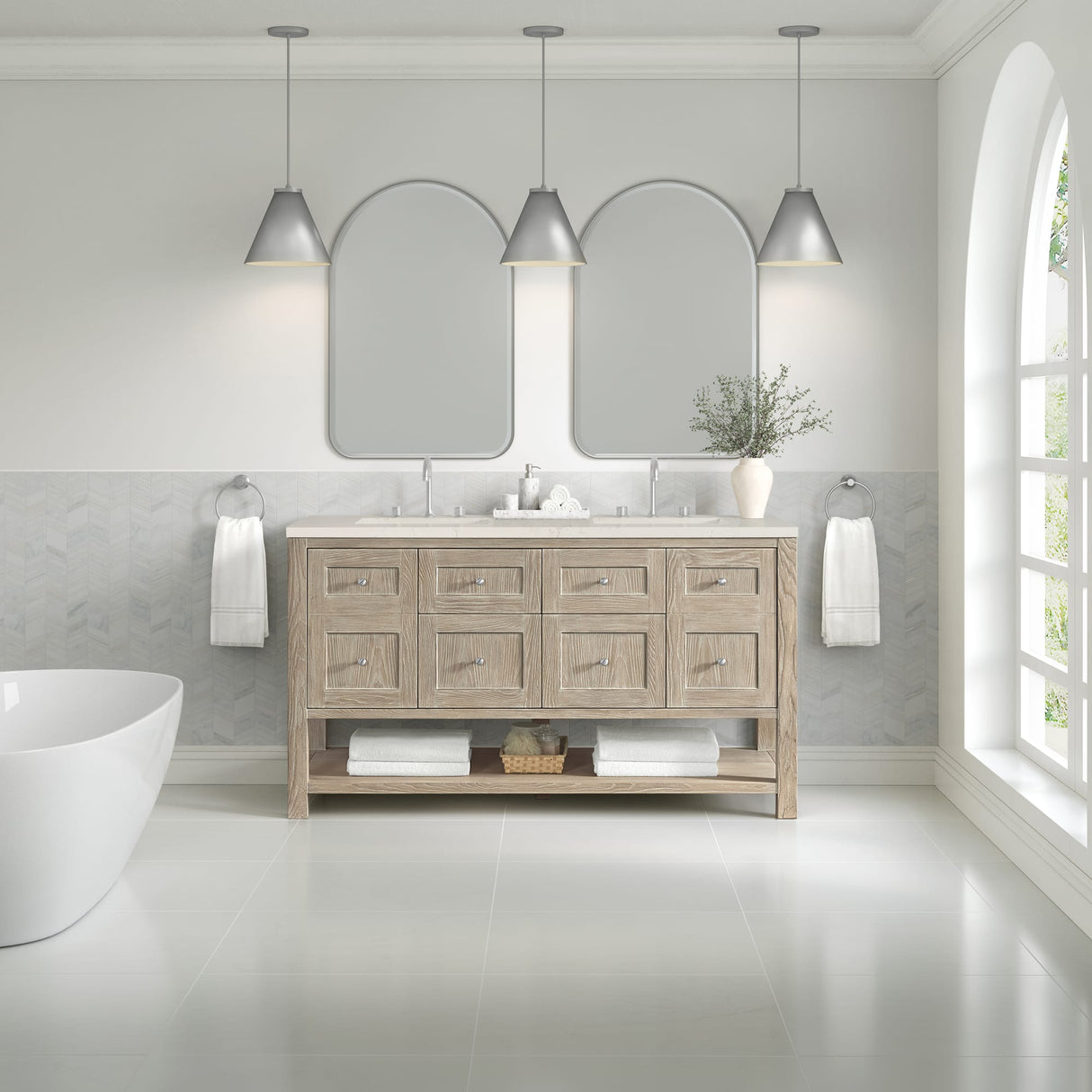 Breckenridge 60" Double Vanity, Whitewashed Oak, w/ 3 CM Siberian Silestone Top w/FreePower Wireless Charger