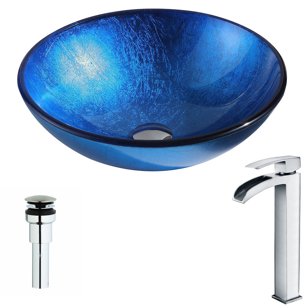 ANZZI LSAZ027-097 Clavier Series Deco-Glass Vessel Sink in Lustrous Blue with Key Faucet in Polished Chrome