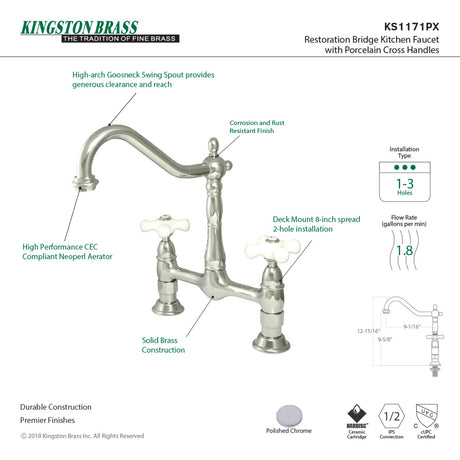 Kingston Brass KS1171PX Heritage Bridge Kitchen Faucet, Polished Chrome
