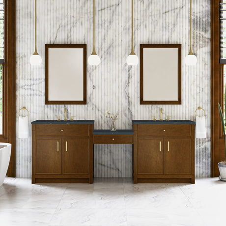 Bellshire 96" Dual Vanity Set with 24" Make-Up Counter, Honey Oak w/3 cm Charcoal Soapstone Silestone Top