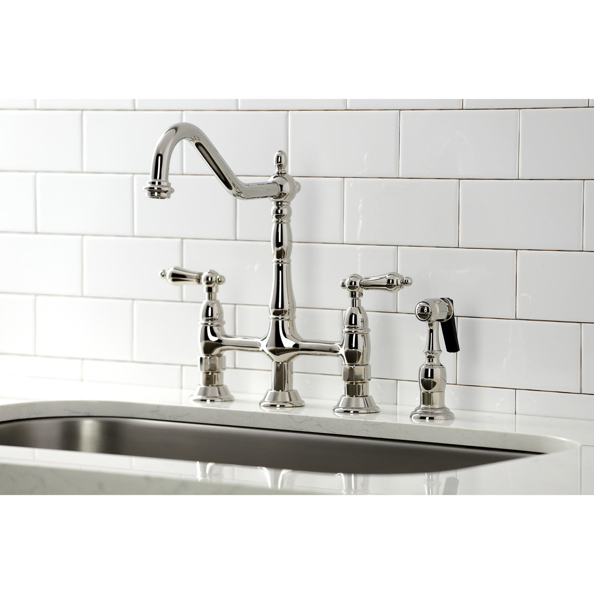 Kingston Brass KS1276ALBS Heritage Bridge Kitchen Faucet with Brass Sprayer, Polished Nickel