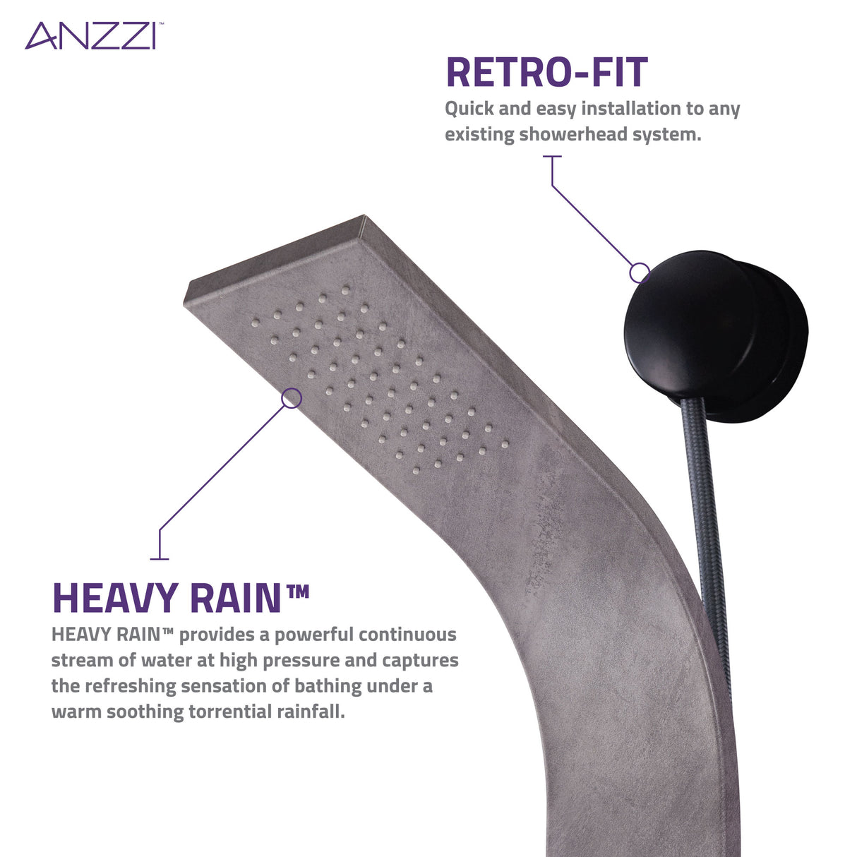 ANZZI SP-AZ078GM Aura 2-Jetted Shower Panel with Heavy Rain Shower & Spray Wand in Grey Marble