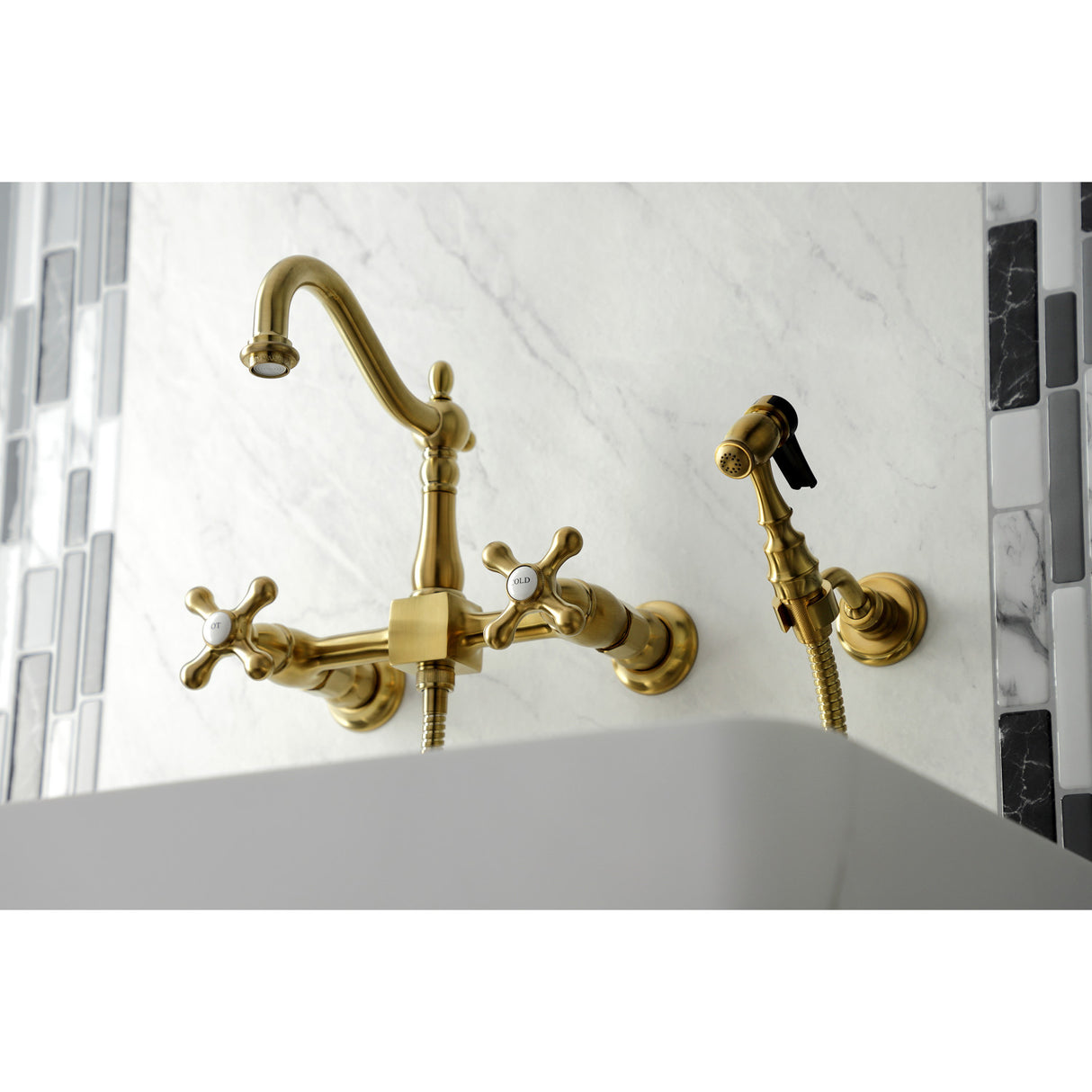 Kingston Brass KS1267AXBS Heritage Wall Mount Bridge Kitchen Faucet with Brass Sprayer, Brushed Brass