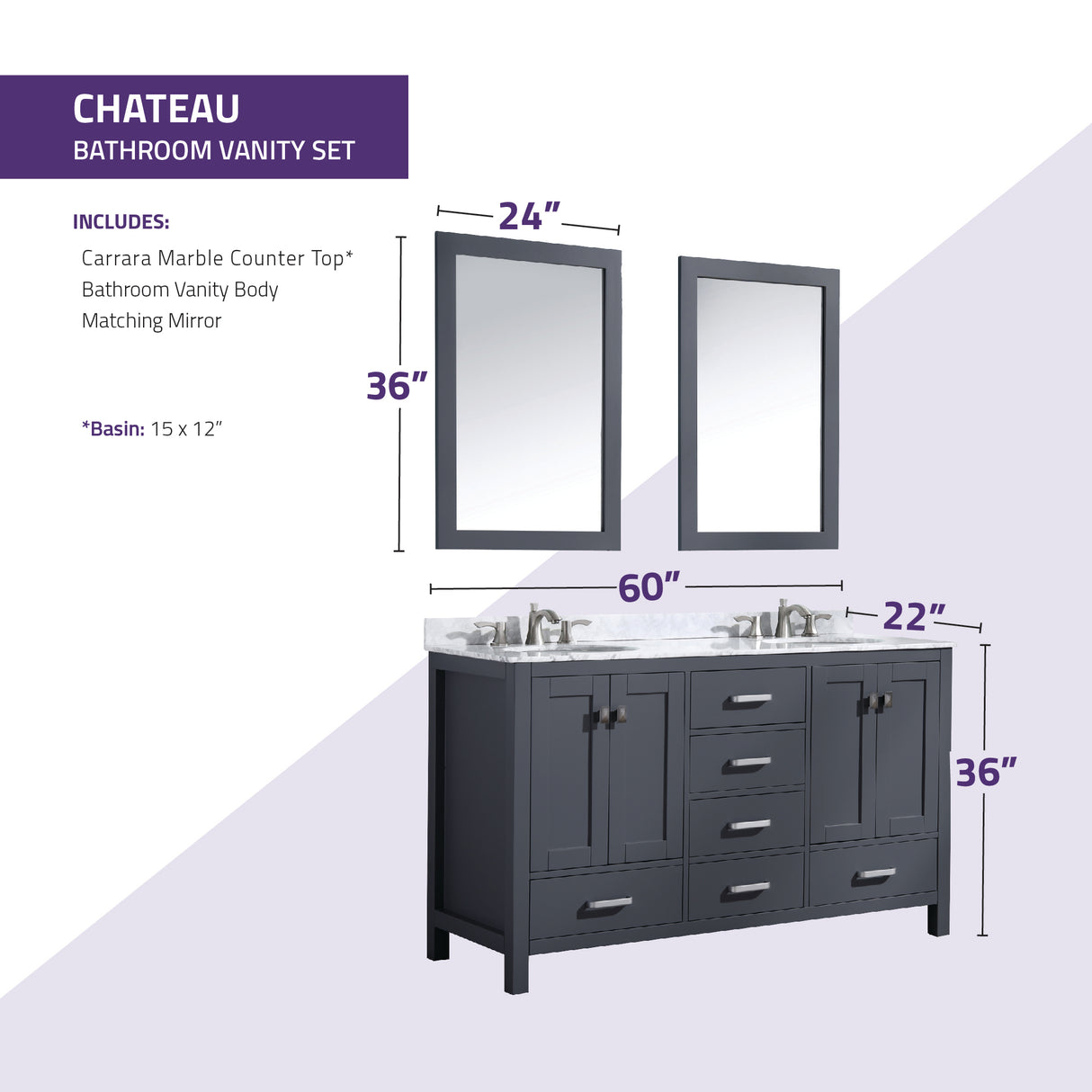 ANZZI VT-MRCT0060-GY Chateau 60 in. W x 22 in. D Bathroom Bath Vanity Set in Gray with Carrara Marble Top with White Sink