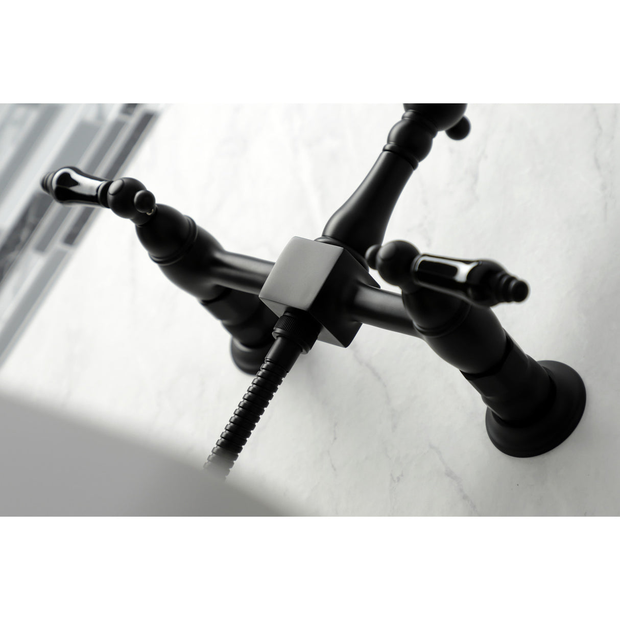 Kingston Brass KS1260PKLBS Duchess Wall Mount Bridge Kitchen Faucet with Brass Sprayer, Matte Black