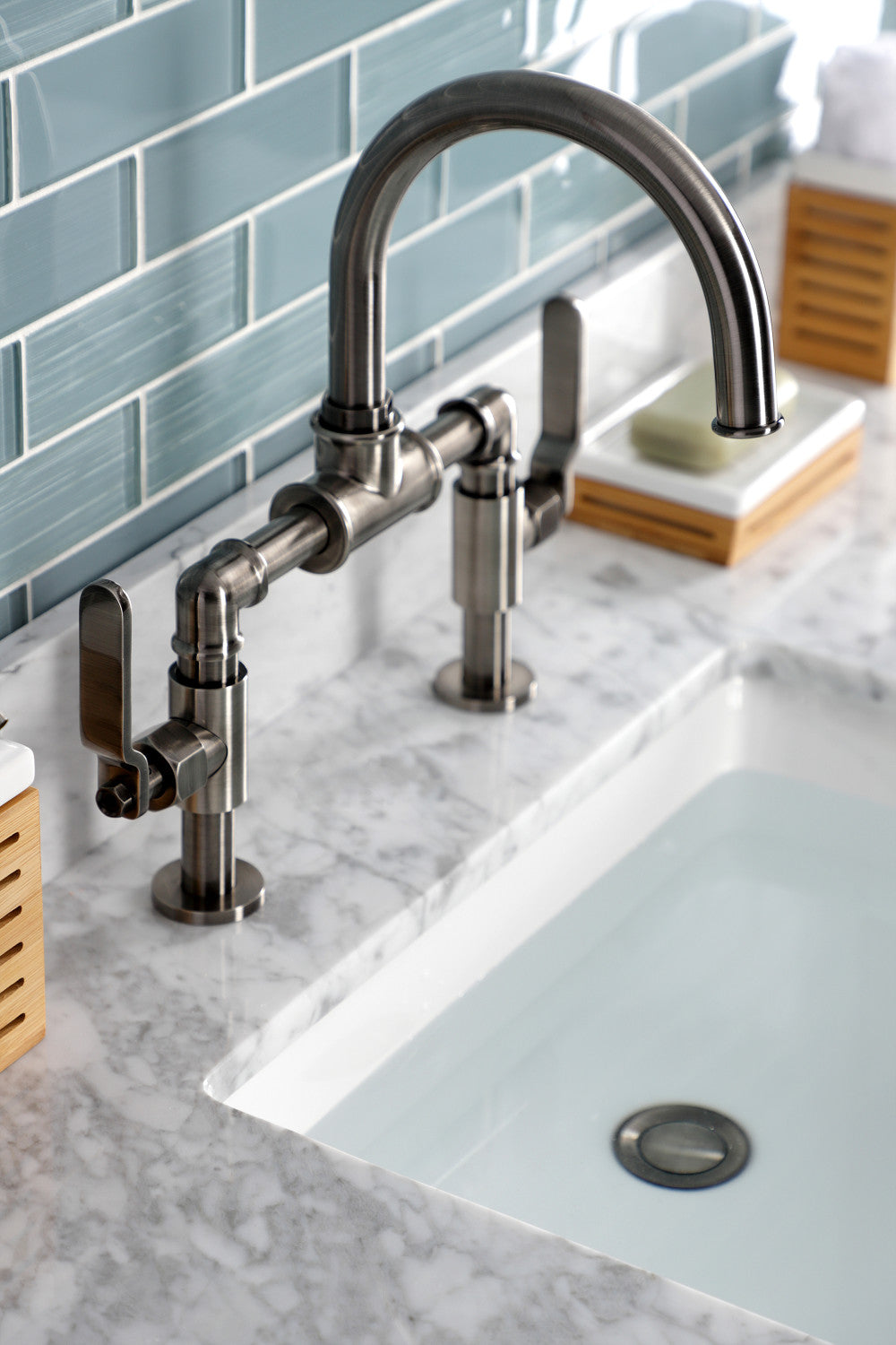 Kingston Brass KS217KLVN Whitaker Industrial Style Bridge Bathroom Faucet with Pop-Up Drain, Black Stainless