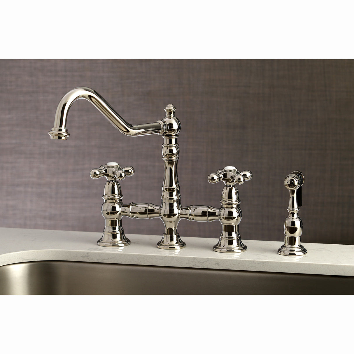 Kingston Brass KS3276AXBS Restoration 8" Bridge Kitchen Faucet with Sprayer, Polished Nickel
