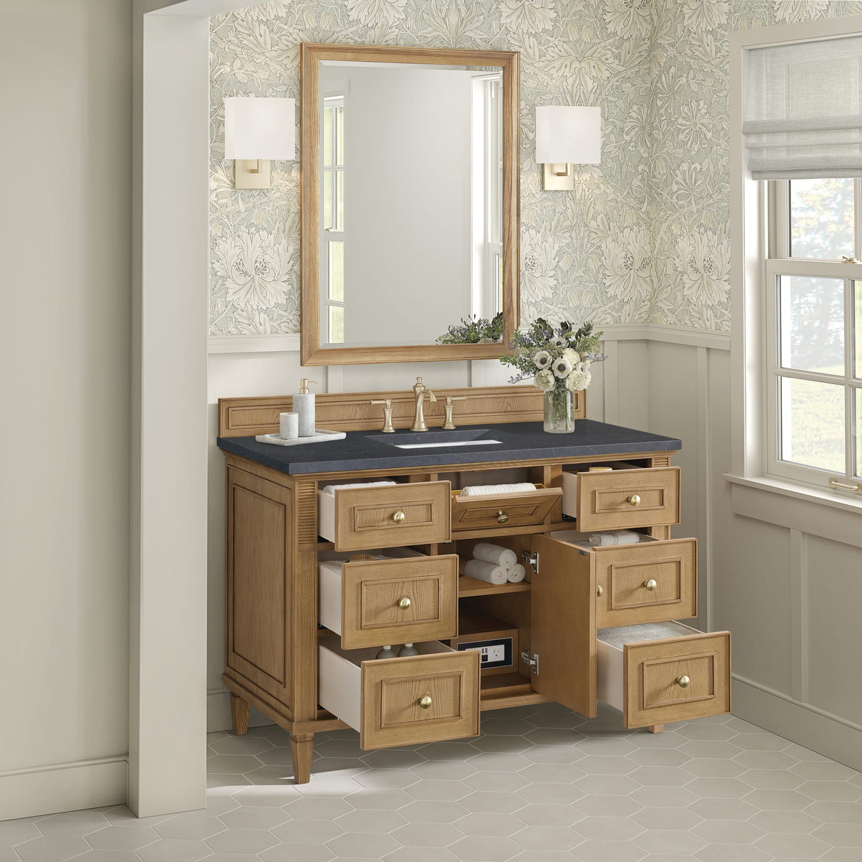 Lorelai 48" Single Vanity, Light Natural Oak w/ 3 CM Charcoal Soapstone Silestone Top
