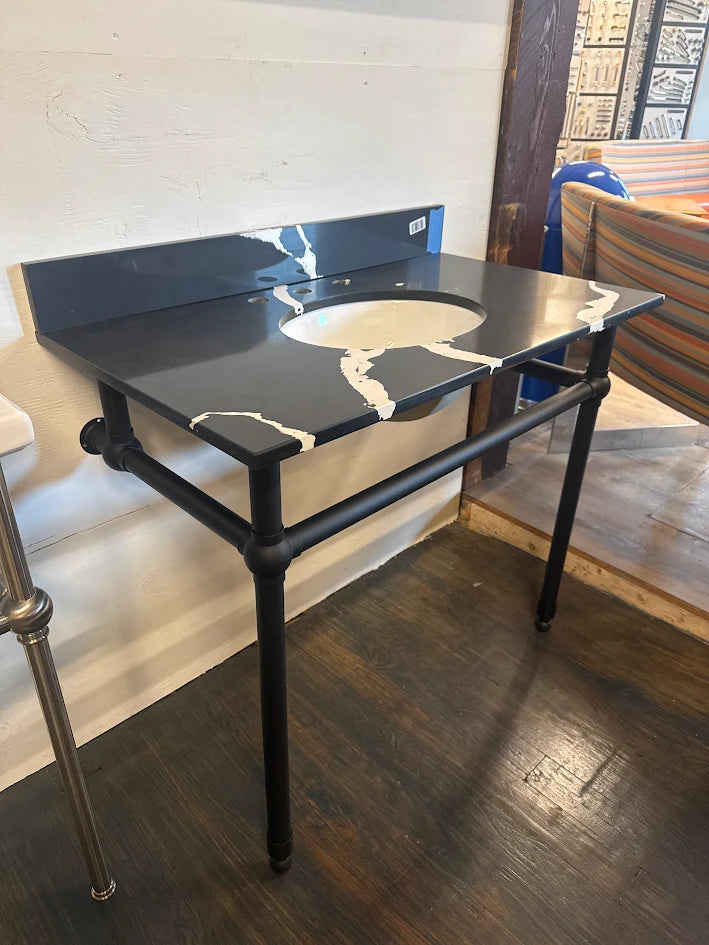 Custom 37×21 “Cowtop” Black Quartz Top + Matte-Black Console Frame