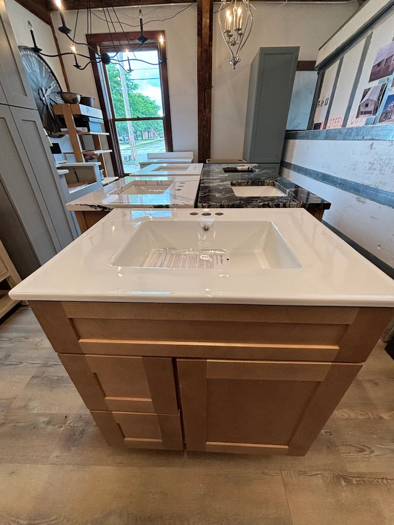 30" Shaker Caramel Vanity with Solid Wood Cabinet, Dovetail Drawers & Premium Vanity Top