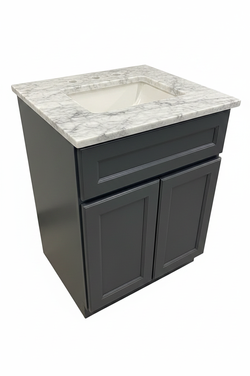 24" Navy Blue Luxury Vanity with White Carrara Marble Top & Undermount Porcelain Sink