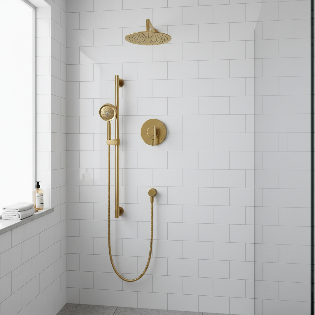 Gerber Parma Pressure Balance Shower Trim with Parma 5 Function Hand Shower and Drench 10" Showerhead and Versa Slide Bar Kit