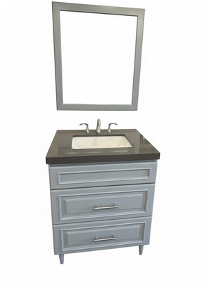 30" Bertch Vanity Set with Grey Fairmont Top and Brushed Nickel Gerber Faucet and Matching Mirror