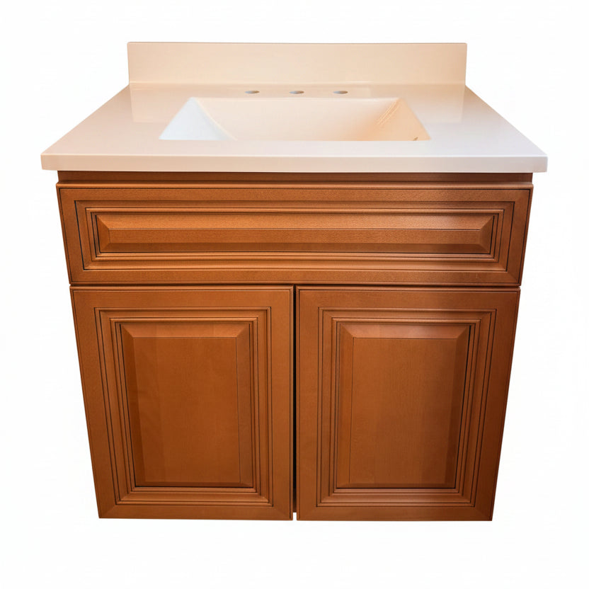 J&K Cabinetry Cinnamon Glaze 30" Bathroom Vanity with Wolf Vanity Top