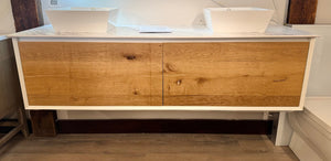 72" Modern Sleek Wall-Mount Vanity Set with White Vanity Top and Two Solid Surface Vessel Sinks
