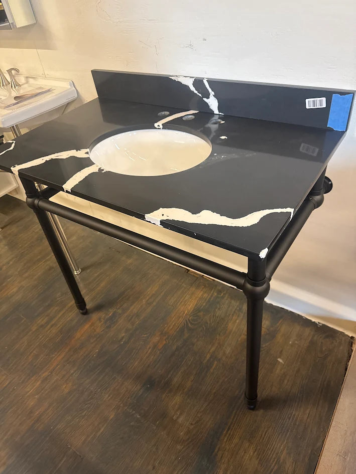 Custom 37×21 “Cowtop” Black Quartz Top + Matte-Black Console Frame