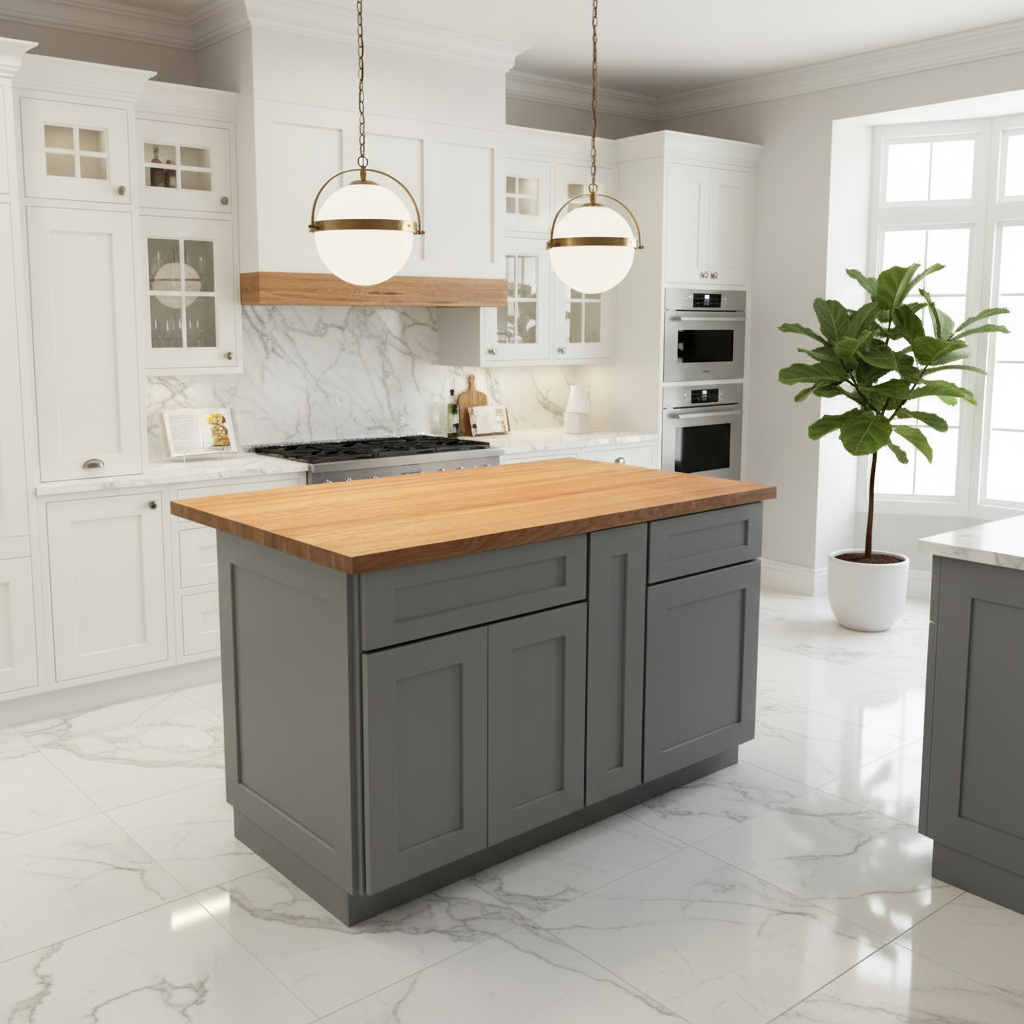 60" x 36" Solid Wood Gray Kitchen Island – John Boos 1.5" Cherry Top, Soft-Close Drawers, Full Storage Layout, 360° Furniture Finish